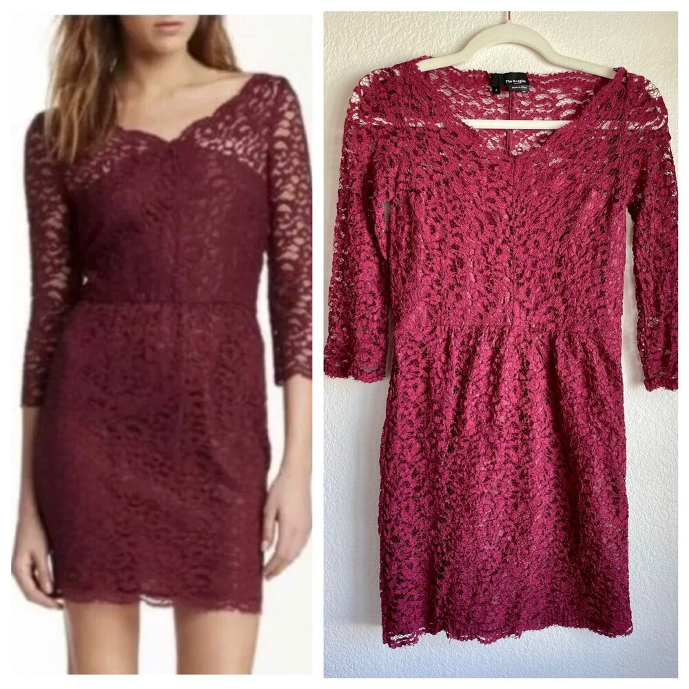The Kooples Floral Lace Illusion Neckline 3/4 Sleeve Pencil Dress in Burgundy S